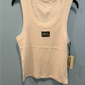 Daily Drills White Tank Top with Small Green Logo